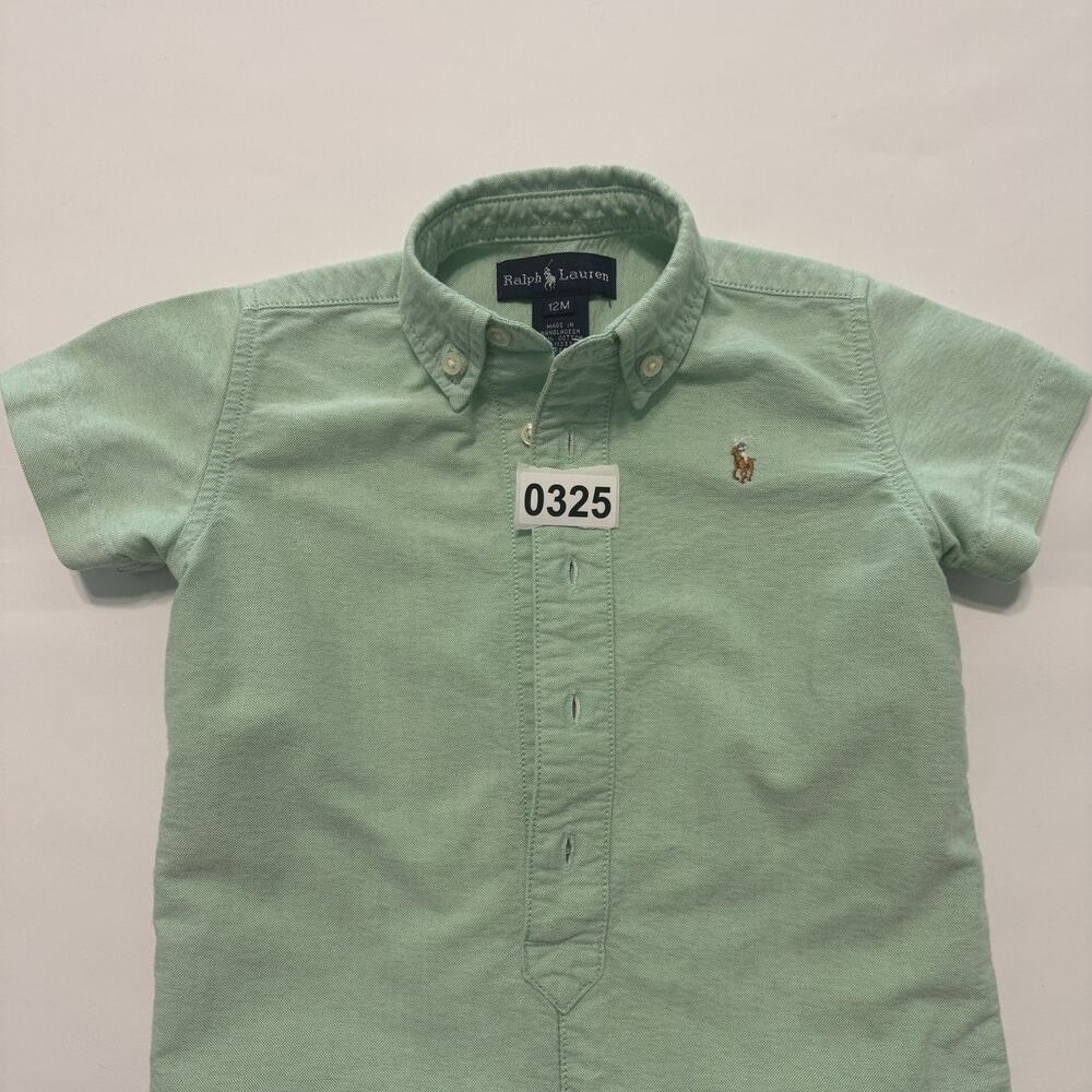 Ralph Lauren Vintage Boys Green Oxford Pony Logo Button Down Romper, Green ,12M - Picture 7 of 10